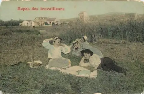 Postcard photograph repos des travailleurs elegant people at picnic France