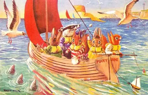Postcard humanized animals a sail around the bay Racey Helps  squirrels on a sailboat