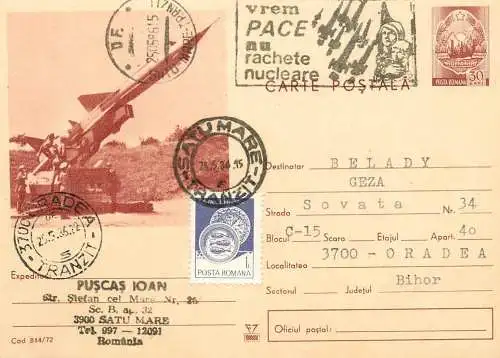 Romania postal card racheta SCUD vrem pace nu rachete nucleare 1986