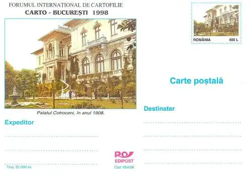 Romania postal card Palatul Cotroceni 1908 forum cartofilie 1998