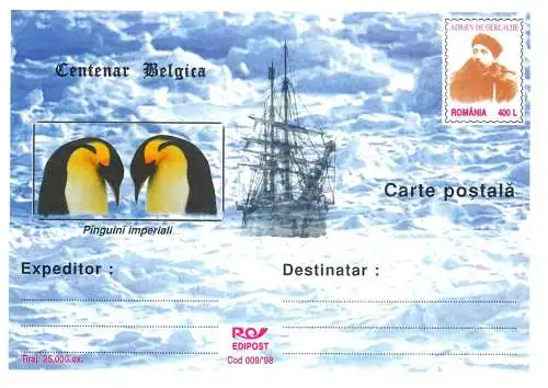 Romania postal card centenar Belgica pinguini velier
