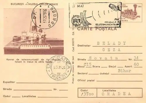 Romania postal card Bucuresti muzeul cailor ferate aparat de telecomunicatii Hugues 1979