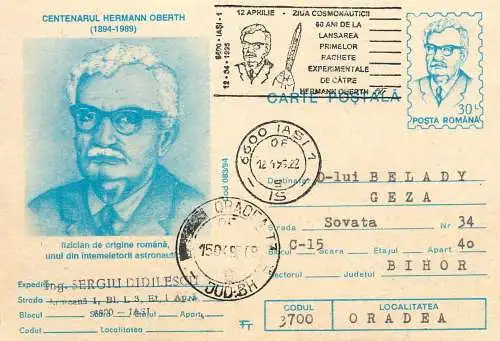 Romania postal card centenarul Hermann Oberth fizician astronautica