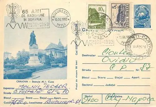 Romania postal card Craiova Statuia Al. I Cuza 1993