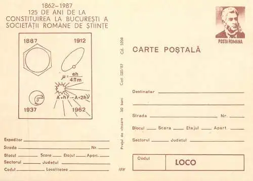 Romania carte postala 125 ani de Societatea romana de stiinte 1987 Bucuresti