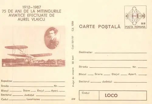 Romania carte postala 75 ani de la mitingurile aviatice Aurel Vlaicu 1912-1987