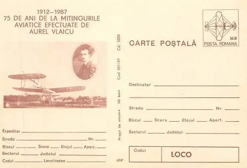 Romania carte postala 75 ani de la mitingurile aviatice Aurel Vlaicu 1912-1987