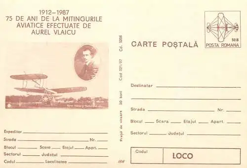 Romania intreg postal 75 de la zborul lui aurel Vlaicu