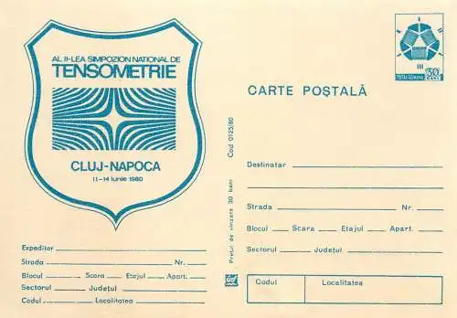Romania entier postal simposion of tensometry Cluj Napoca 1980