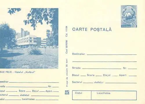 Romania entier postal Felix baths Nufar hotel