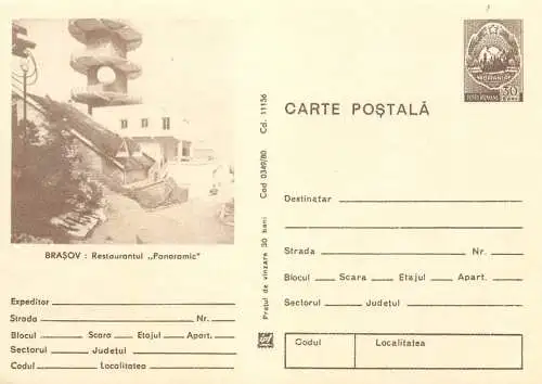 Romania entier postal Brasov restaurant panoramic