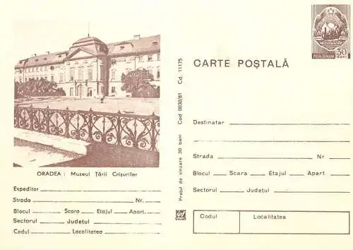 Romania entier postal Oradea Cris county museum