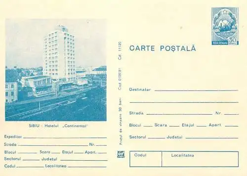 Romania entier postal Sibiu hotel Continental