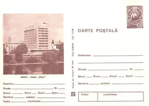 Romania entier postal Arad Hotel Parc