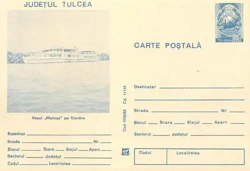 Romania entier postal Tulcea Malnas vessel on Danube