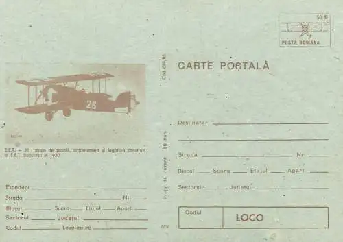 Romania entier postal Aviation school plane SET 31 Bucharest 1930