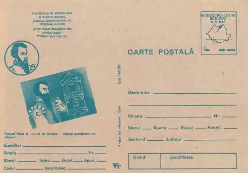 Romania entier postal Astrofilatelia simpozion Conrad Haas  1990