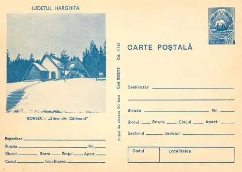 Postal Stationery Romania Harghita Borsec stana din Calimani
