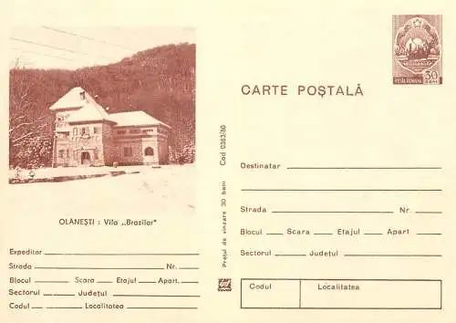 Postal Stationery Romania Olanesti vila Brazilor