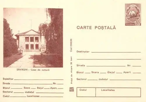 Postal Stationery Romania Savarsin casa de cultura