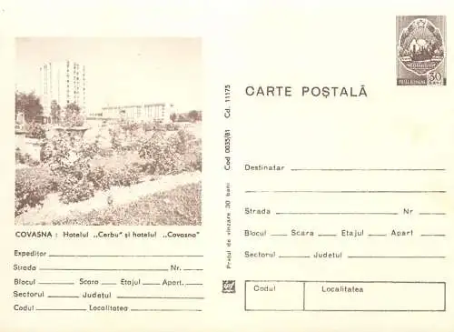Postal Stationery Romania Covasna Hotel Cerbu si hotel Covasna