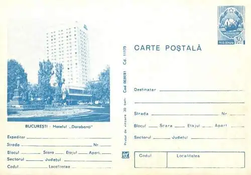 Postal Stationery Romania Bucuresti Hotel Dorobanti