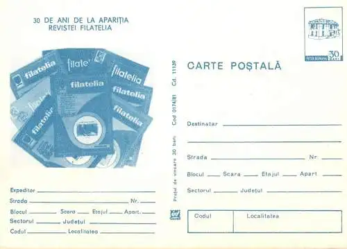 Postal Stationery Romania 30 ani de la aparitia revistei Filatelia
