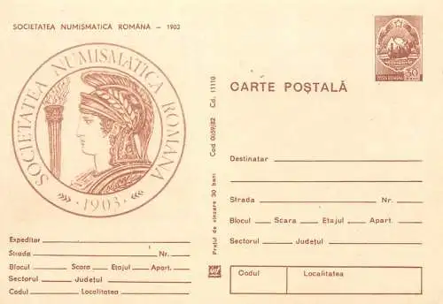 Postal Stationery Romania Societate numismatica 1903