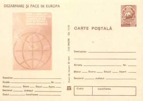 Postal Stationery Romania Dezarmare si pace in Europa