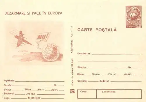 Postal Stationery Romania Dezarmare si pace in Europa