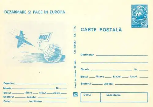 Postal Stationery Romania Dezarmare si pace in Europa