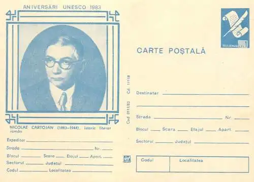 Postal Stationery Romania Unesco 1983 Nicolae Cartojan istoric literar