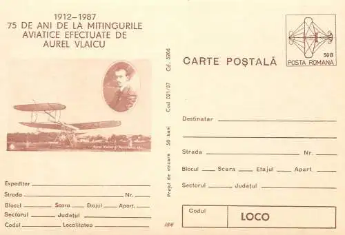 Postal Stationery Romania Aviatie 75 ani de la miting Aurel Vlaicu