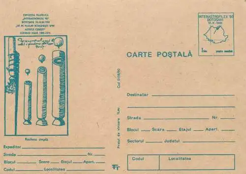 Postal Stationery Romania Expo filatelica Botosani 1990 Conrad Haas racheta