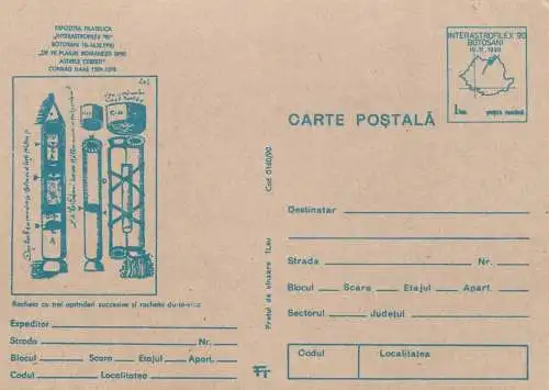 Postal Stationery Romania Expo filatelica Botosani 1990 Conrad Haas racheta