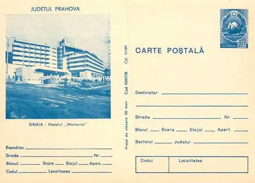 Romania stationery postcard Prahova Sinaia Hotel Montana