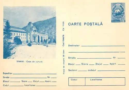 Romania stationery postcard Sinaia casa de cultura