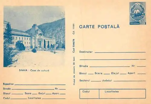 Romania stationery postcard Sinaia casa de cultura