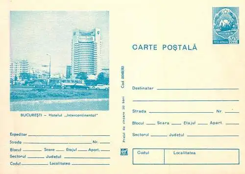 Romania stationery postcard Bucuresti hotel Intercontinental