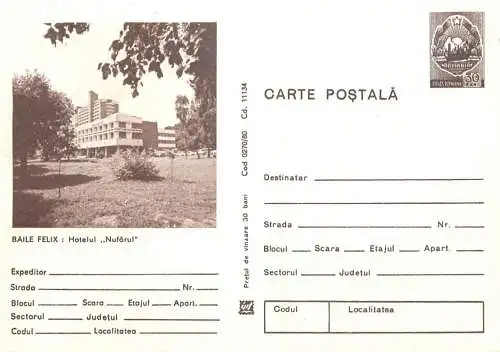 Romania stationery postcard Baile Felix hotel Nufarul