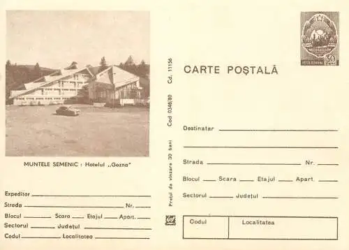 Romania stationery postcard Muntele Semenic hotel Gozna