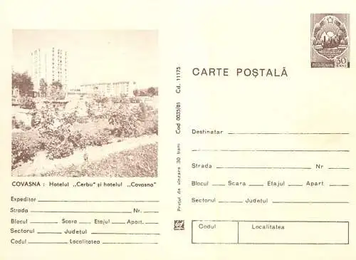 Romania stationery postcard Covasna hotel Cerbu si Covasna
