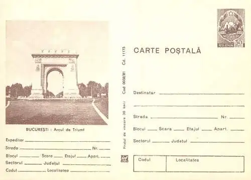 Romania stationery postcard Bucuresti Arcul de Triumf