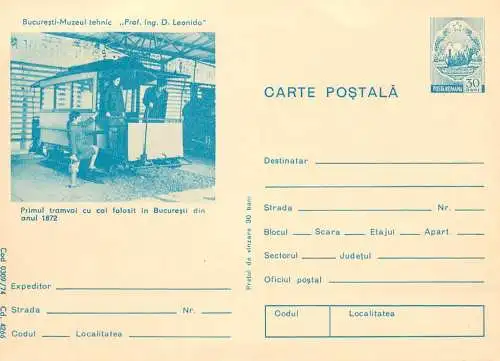 Romania stationery postcard Bucuresti muzeu tehnic Leonida primul tramvai cu cai 1872