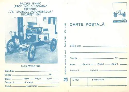 Romania stationery postcard muzeul tehnic Leonida automobil Olds patent 1888