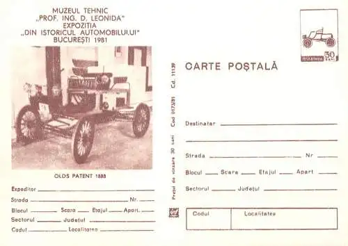 Romania stationery postcard muzeul tehnic Leonida automobil Olds patent 1888