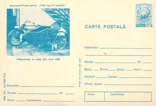 Romania stationery postcard Bucuresti muzeul tehnic motocicleta cu atas 1908