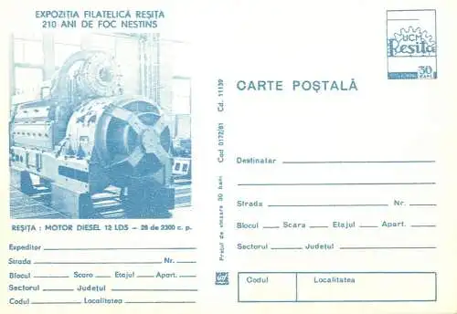 Romania stationery postcard expo filatelica Resita 210 ani de foc nestins Motor Diesel 12LDS
