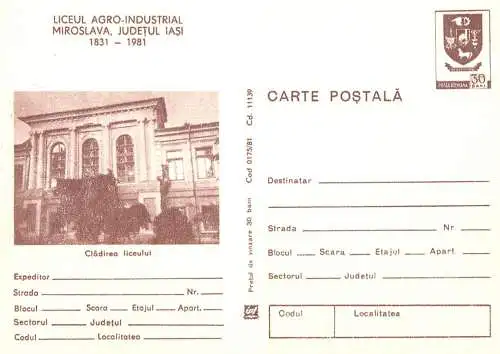 Romania stationery postcard Iasi Miroslava cladirea liceului