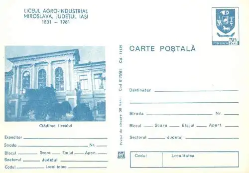 Romania stationery postcard Iasi Miroslava cladirea liceului